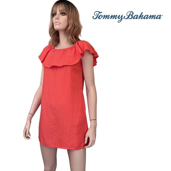 Tommy Bahama Dresses & Skirts - Tommy Bahama Shift Dress Tunic Linen Blend Ruffle Melon Coral Pockets XXS XS S